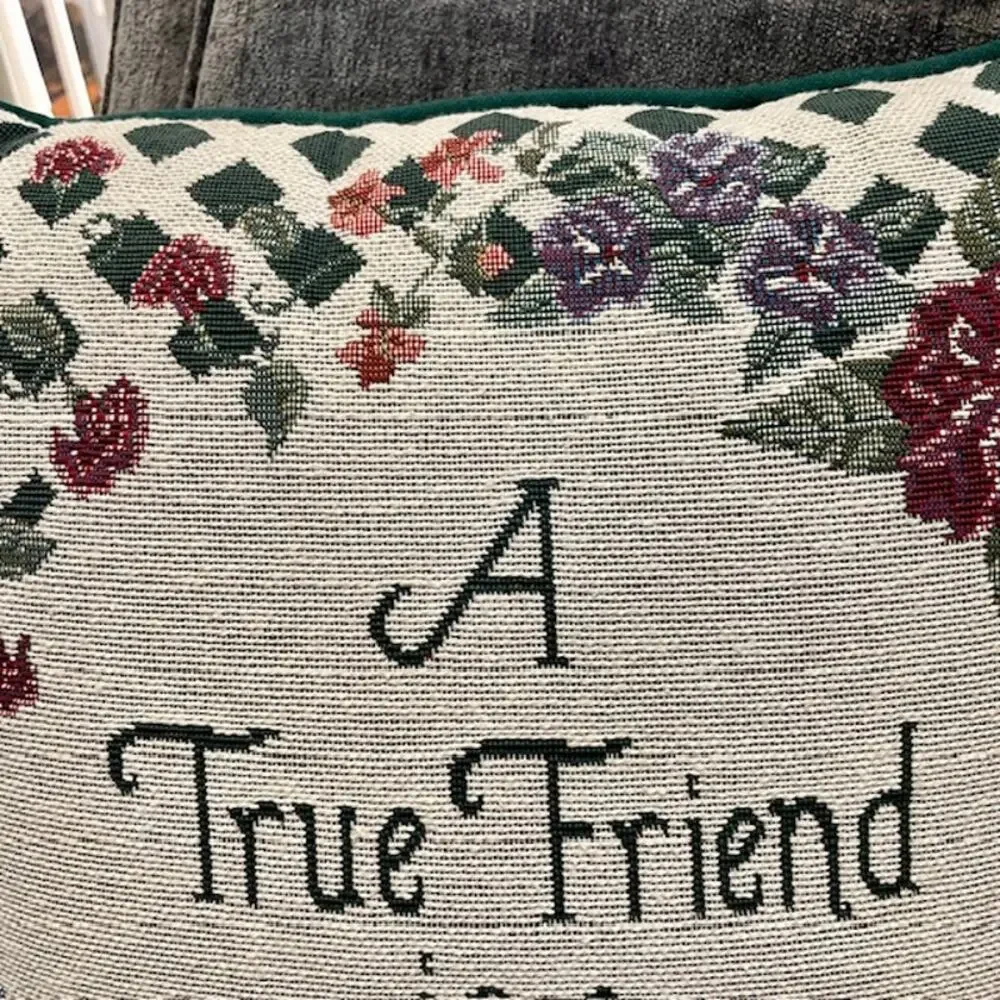 Vintage Style Tapestry Throw Pillow 17in Friendship Cottagecore Farmhouse Gift